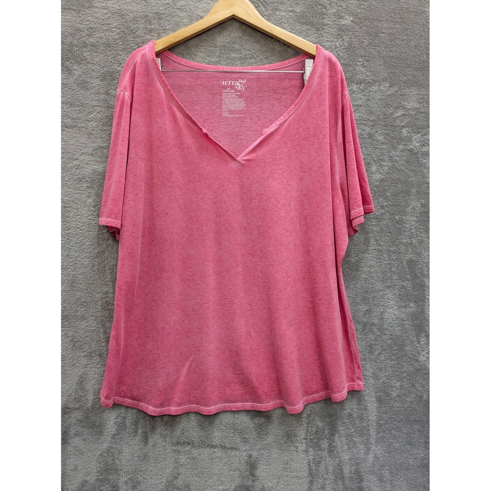 Casual Acid Wash V-Neck Tee Women 2X Pink Short Sleeve Cotton Top